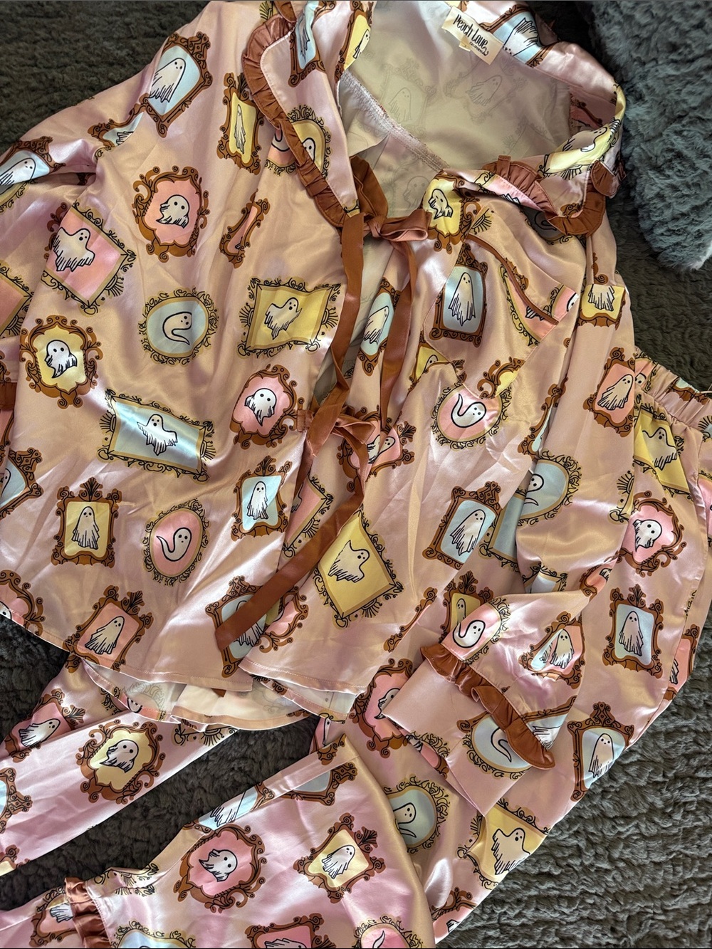 Peach Love California Pink Satin Ghost Frame Pajama Set
